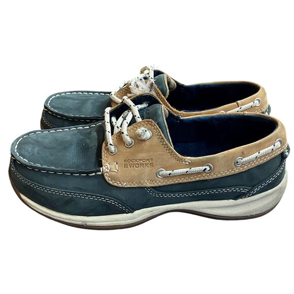 Rockport Works Women's Boat Shoes 9M Leather Blue Tan Sailing Club Steel Toe - Picture 9 of 9